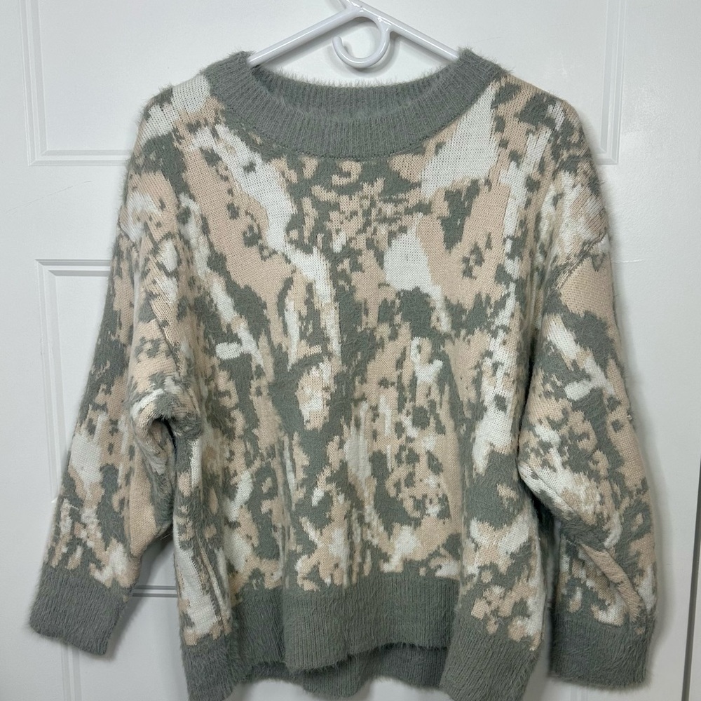 FRNCH Paris Grey Abstract Pattern Long Sleeve Crewneck Sweater Size M/L Cozy